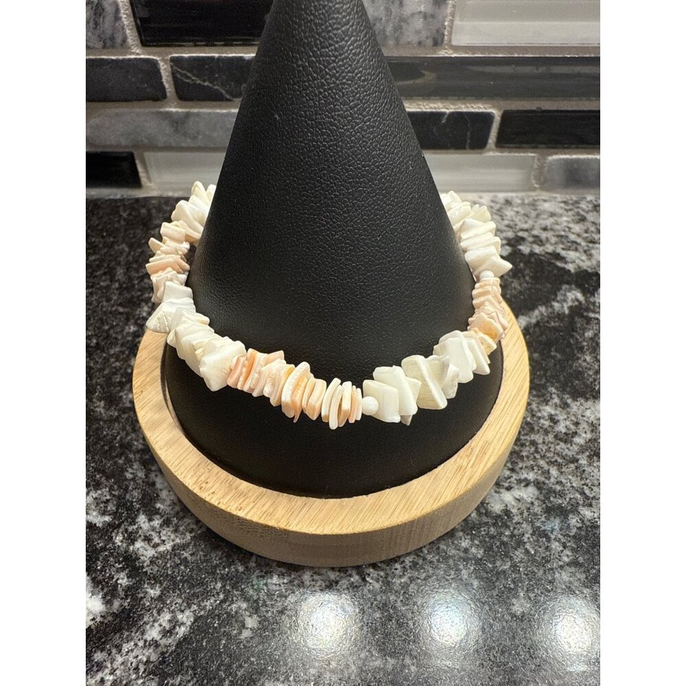 White & Peach Shell Chip Bracelet With Silver Tone Spring Ring Clasp For Women